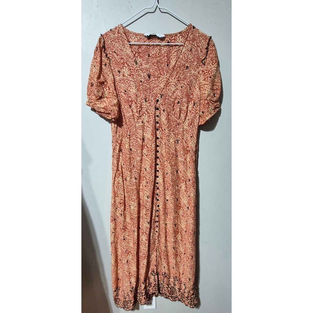 Zara Rust Orange Paisley Midi Dress Button Front Boho Embroidered Size Medium